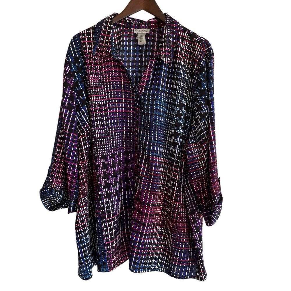 Catherines Womens Dark Geometric Button Up Top Size 3X 3/4 Sleeve Stretch Office